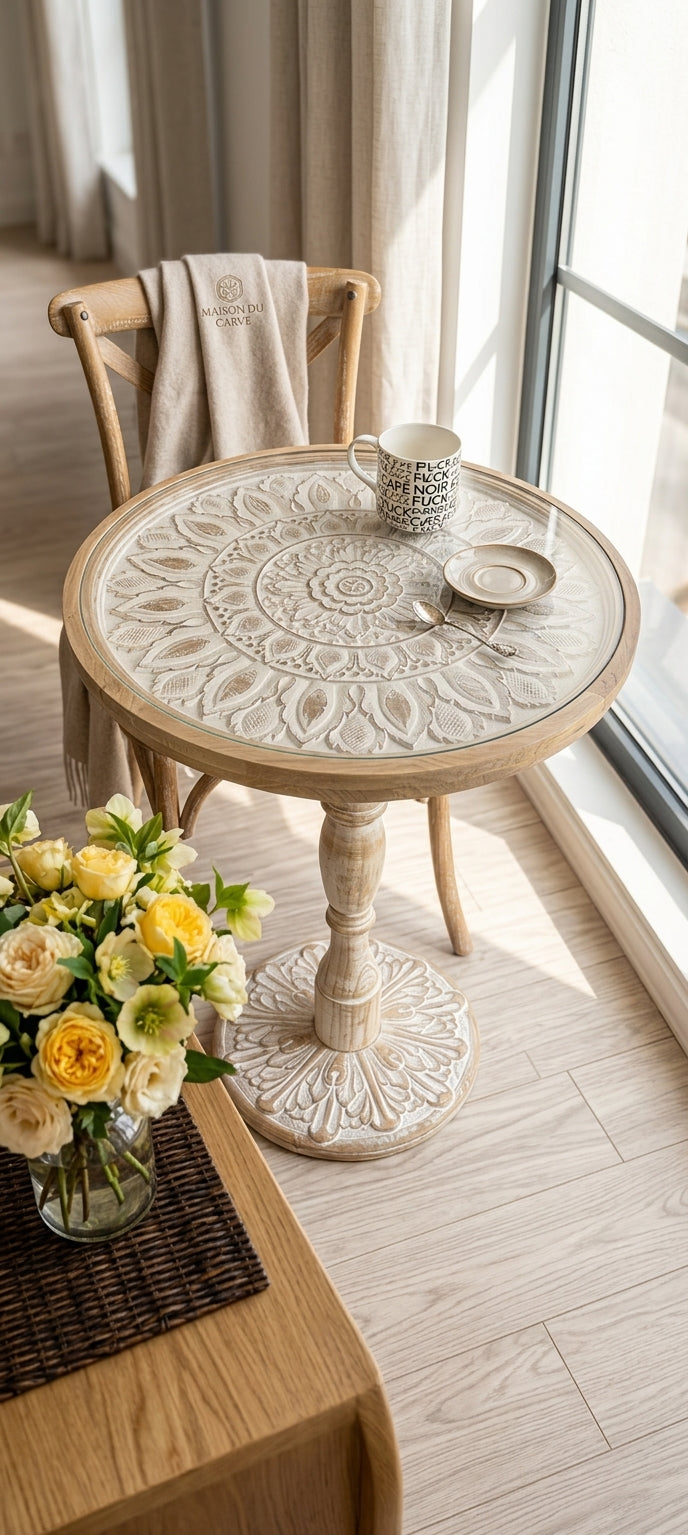French Vintage Distressed Round Side Table – Carved Pine Wood Accent Table with Tempered Glass