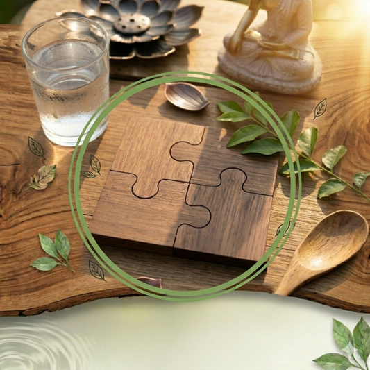 4pcs Wooden Coaster-Retro Building Block Style – Walnut Color