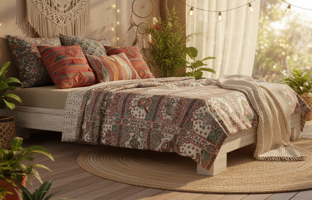 Regal Rhythms Handblock Printed Bedsheet with Cultural Dancers & Kings Motifs with 2 Pcs of Pillow Covers