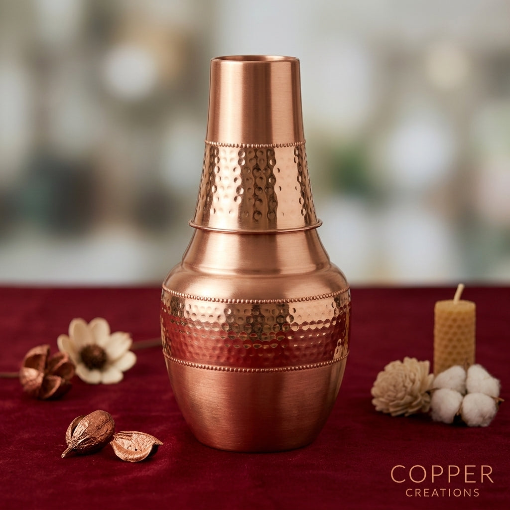 FEAWS Pure Copper Surahi with Tumbler – 1.4 L Bedside Water Carafe