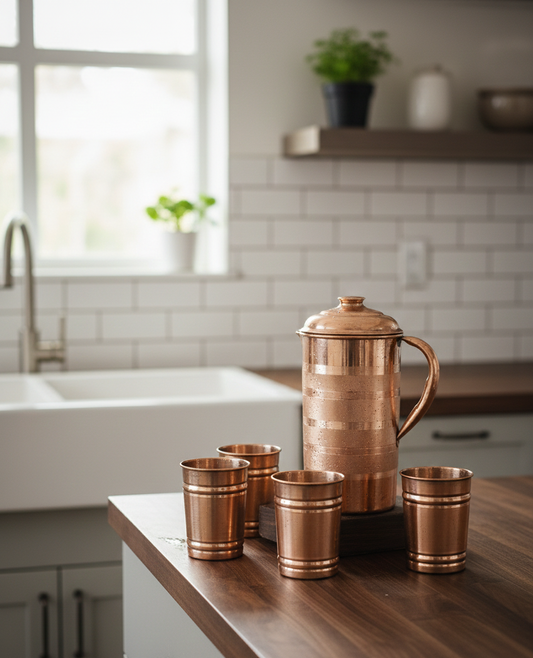 Copper Pitcher with Set of 4 Copper Glasses