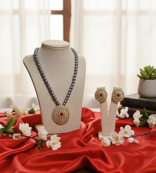 Kundan Necklace Set with Grey Pearls – Handcrafted Elegant Jewelry