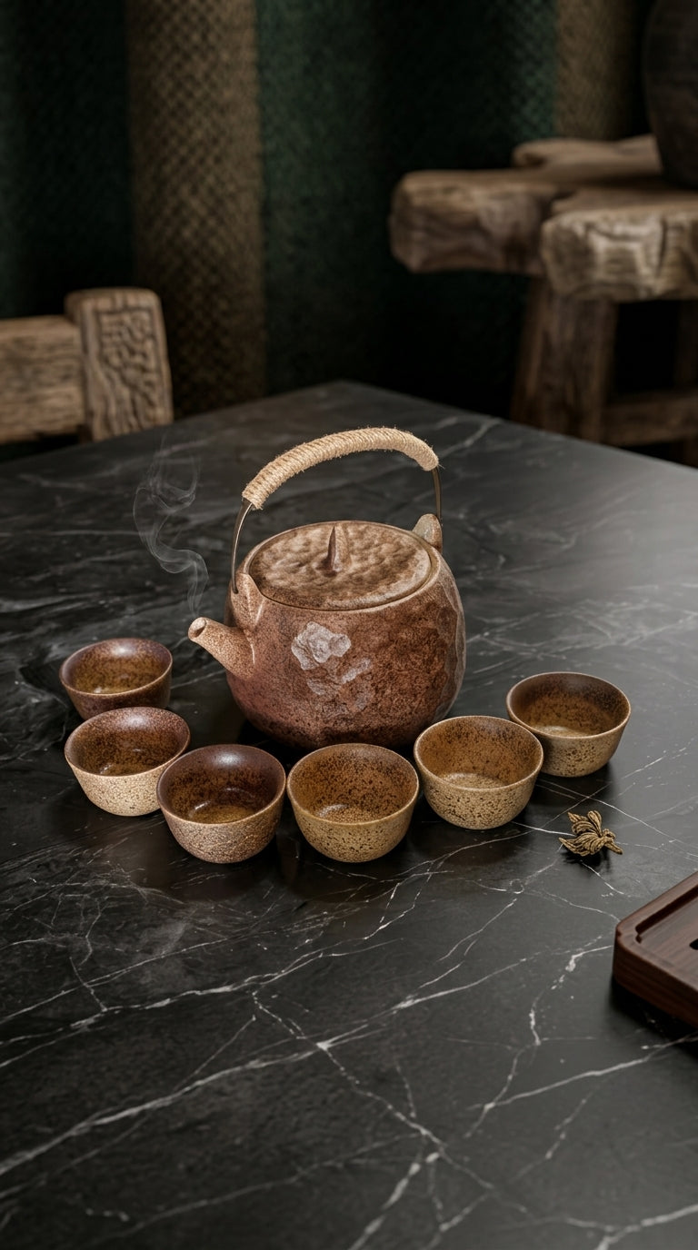 Ceramic Campfire Tea Kettle Set with 6 Cups