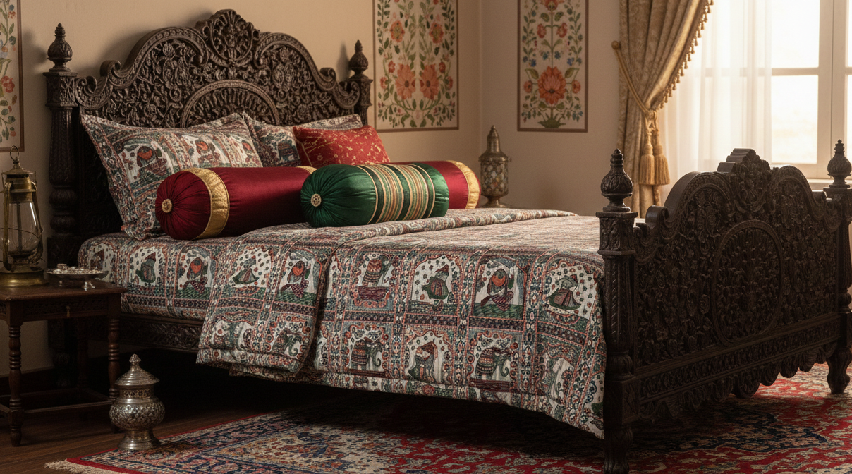 Regal Rhythms Handblock Printed Bedsheet with Cultural Dancers & Kings Motifs with 2 Pcs of Pillow Covers
