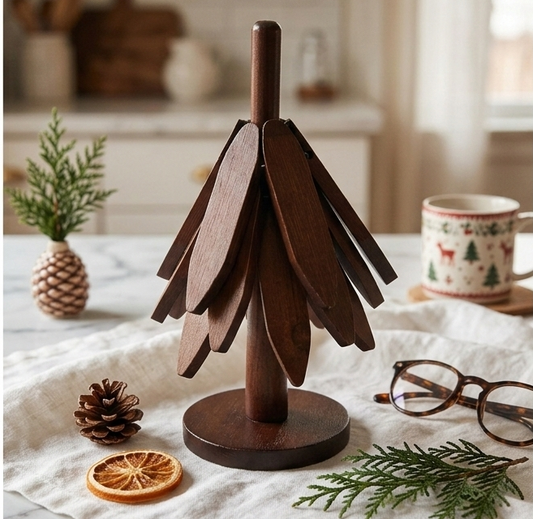 Walnut Wooden Tree Coaster Set with Stand