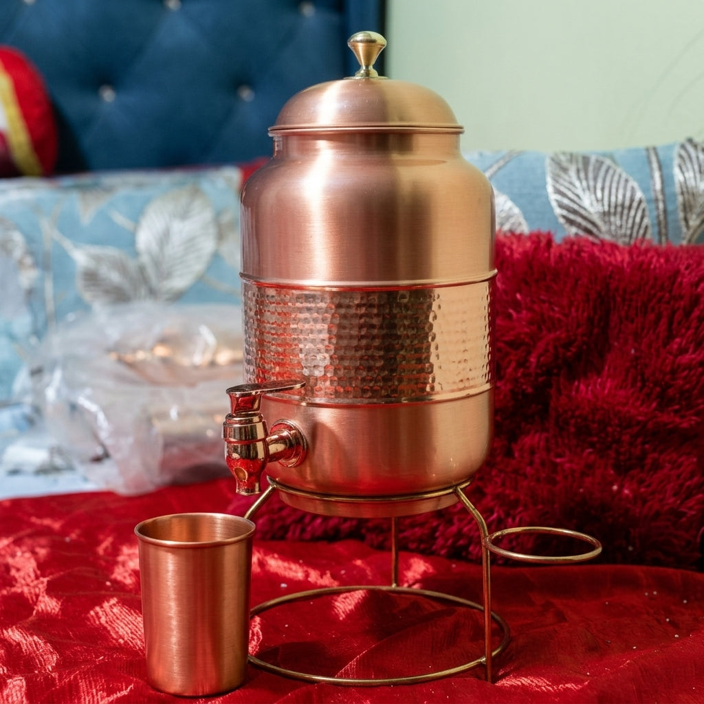 Pure Copper Hand Hammered Water Pitcher/dispensor with tap, & golden stand – 5 Litre