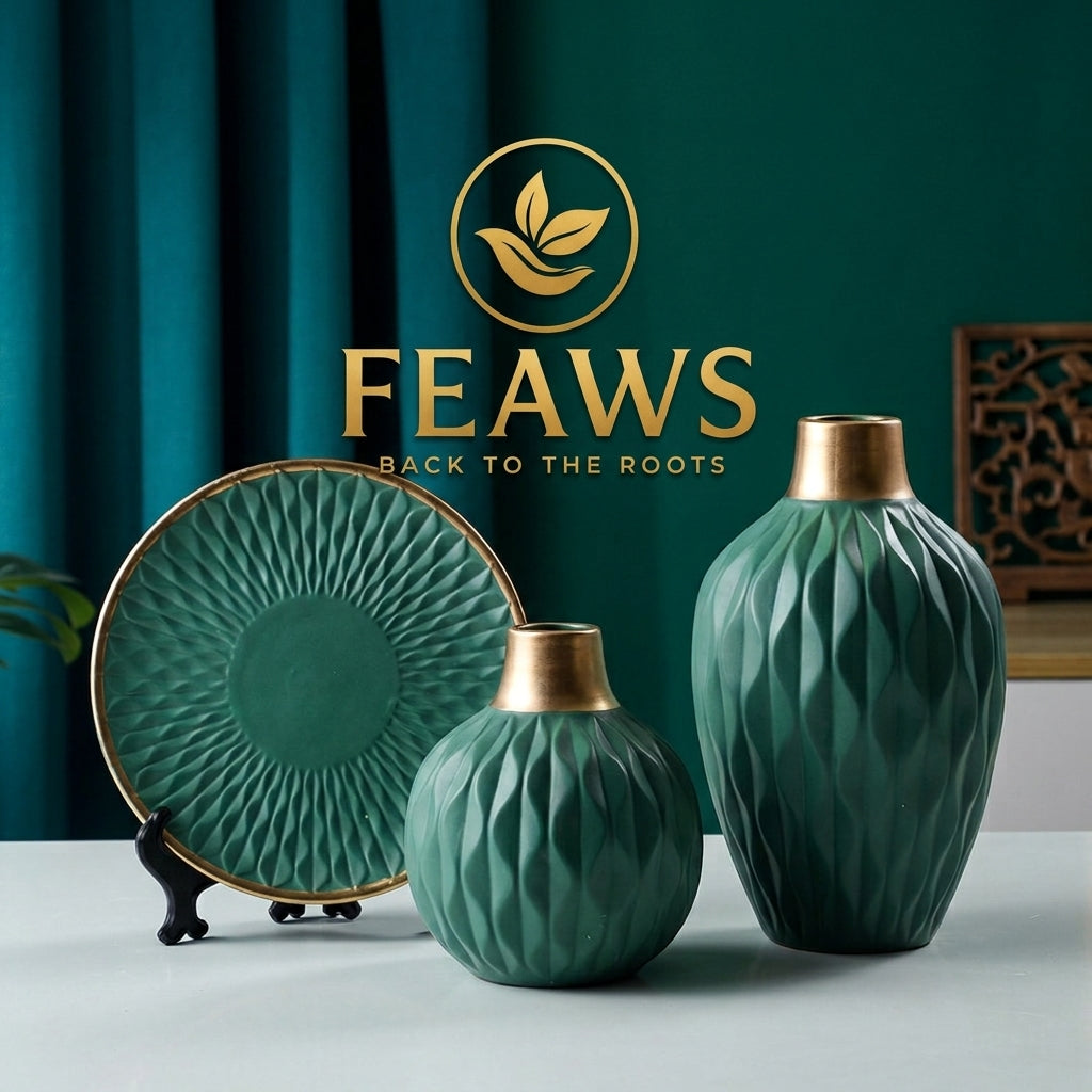 3-Pc Ceramic Vase & Decor Plate Set | Modern Home Decoration | Elegant Tabletop Vase Set | 3 Designs