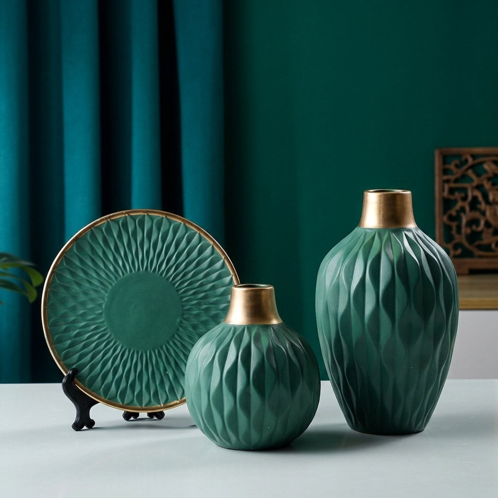 3-Pc Ceramic Vase & Decor Plate Set | Modern Home Decoration | Elegant Tabletop Vase Set | 3 Designs