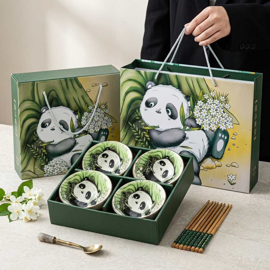 Cute Panda Ceramic Bowl & Chopsticks Gift Set – 4 Bowls