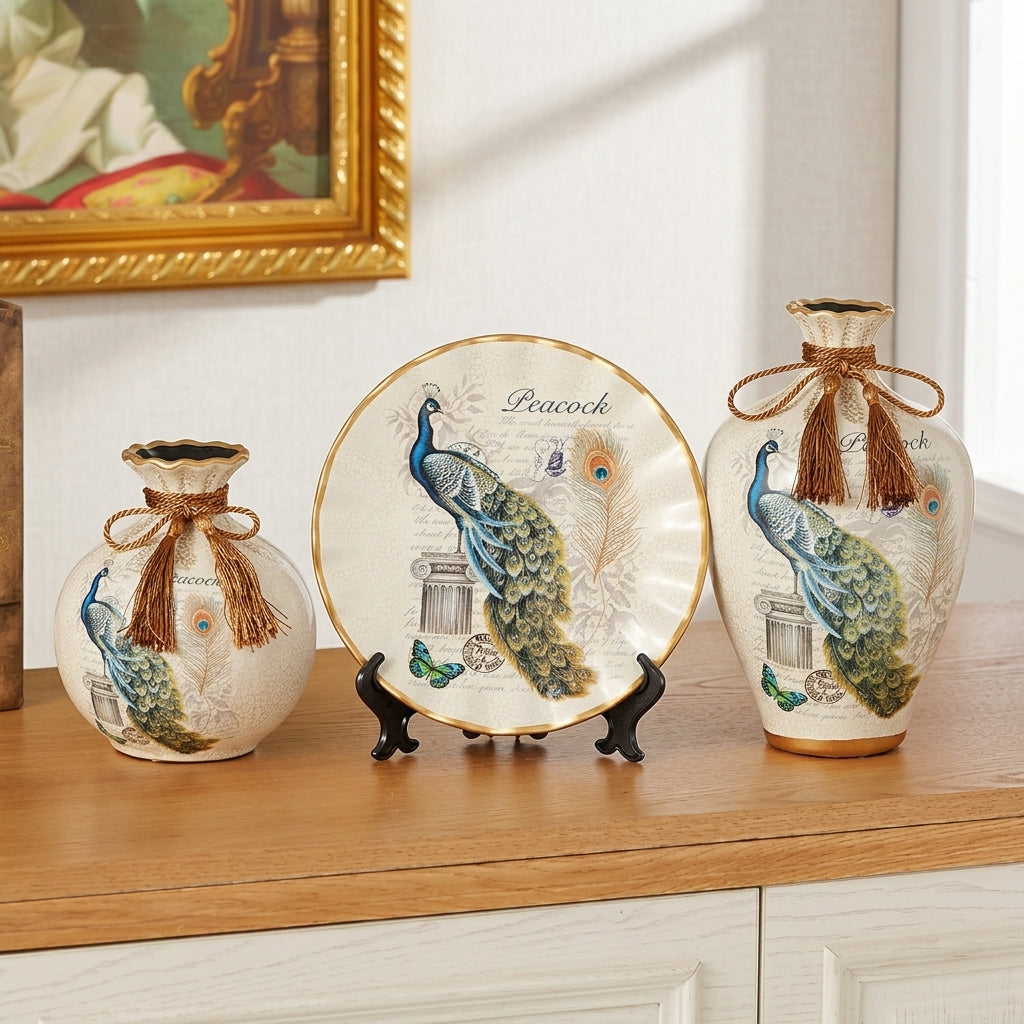 3-Pc Ceramic Vase & Decor Plate Set | Modern Home Decoration | Elegant Tabletop Vase Set | 3 Designs