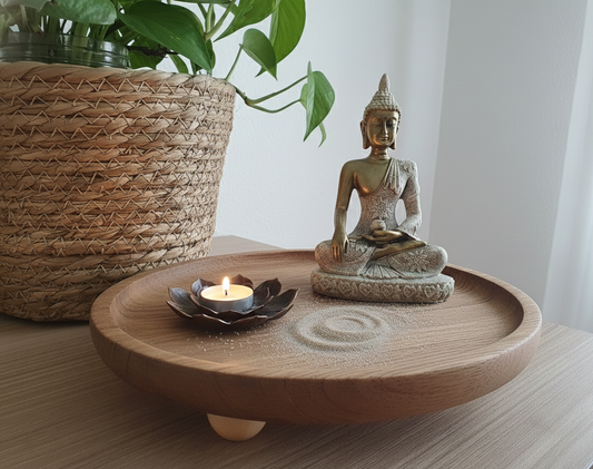 Wooden Meditation Incense Tray with Golden Buddha and Lotus bloom