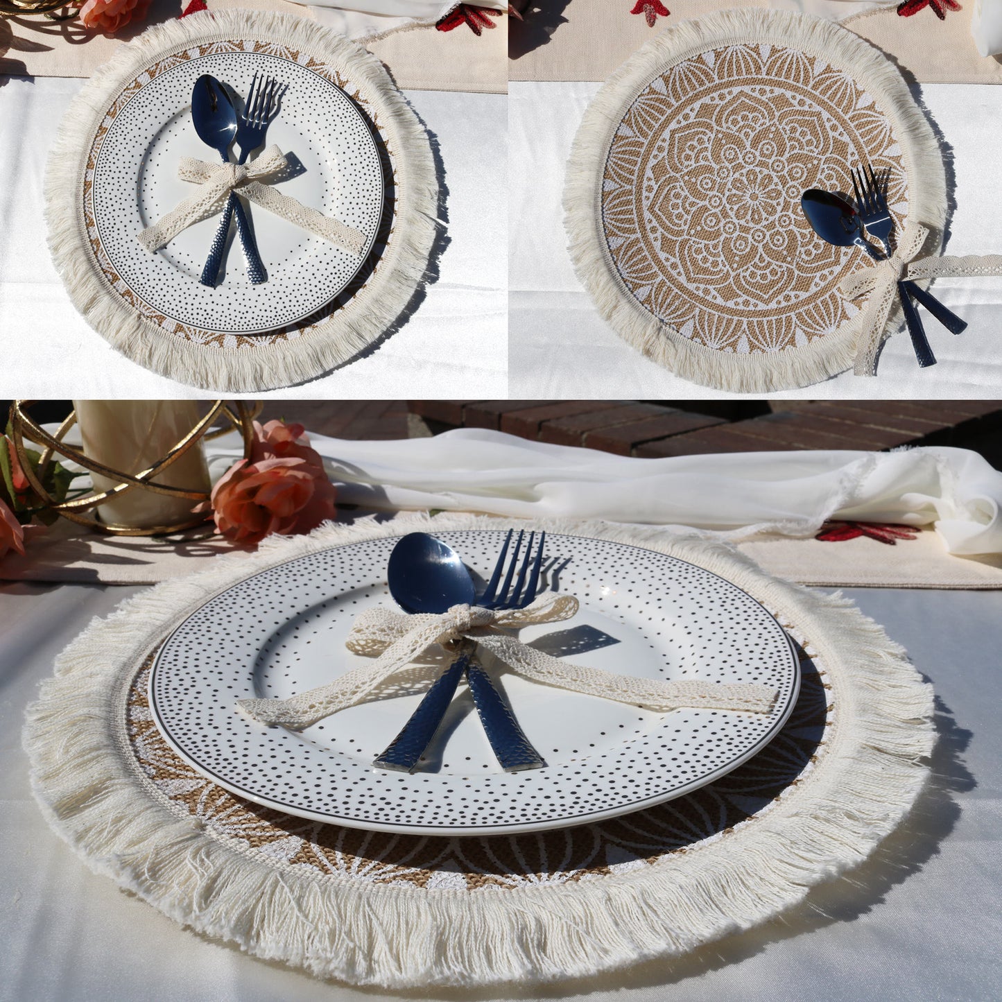 Nordic Elegant Linen Macrame Placemats – Circular with Tassels-Set of Two