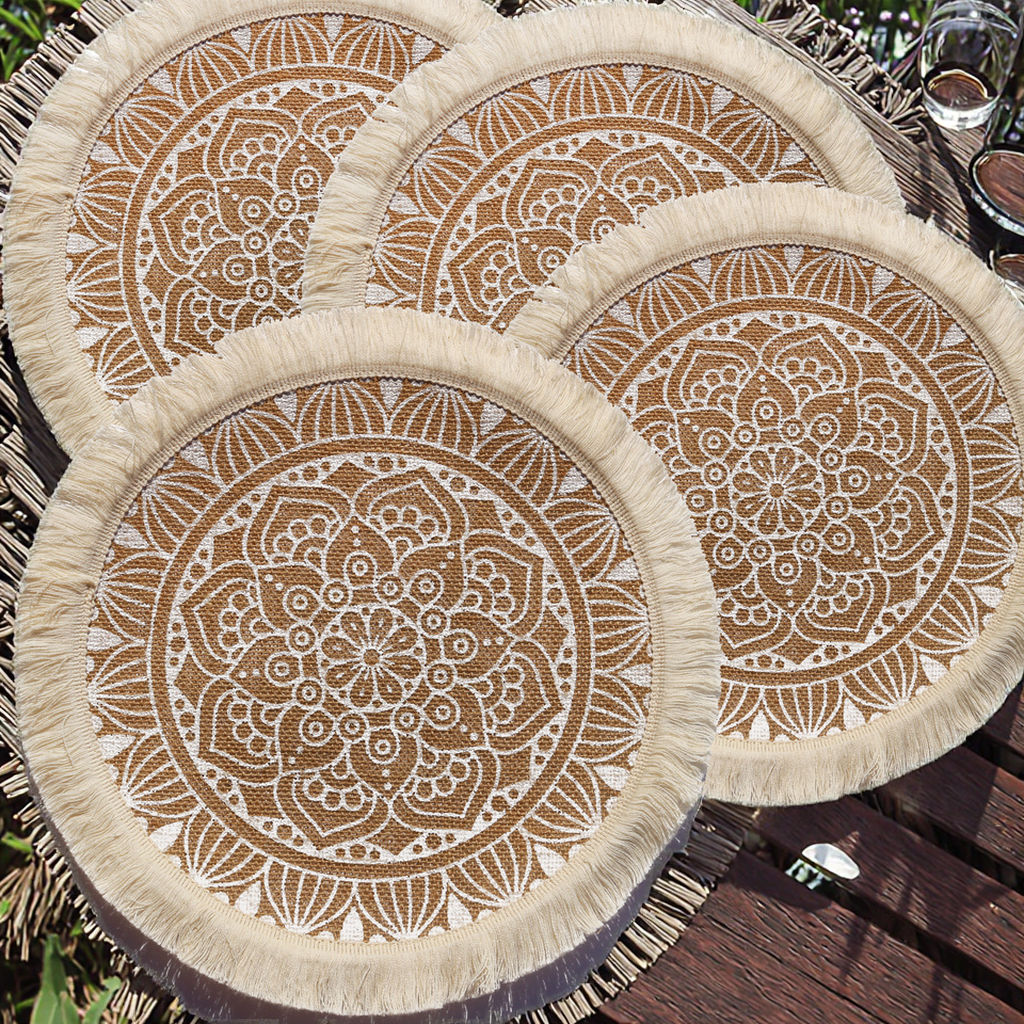 Nordic Elegant Linen Macrame Placemats – Circular with Tassels-Set of Two