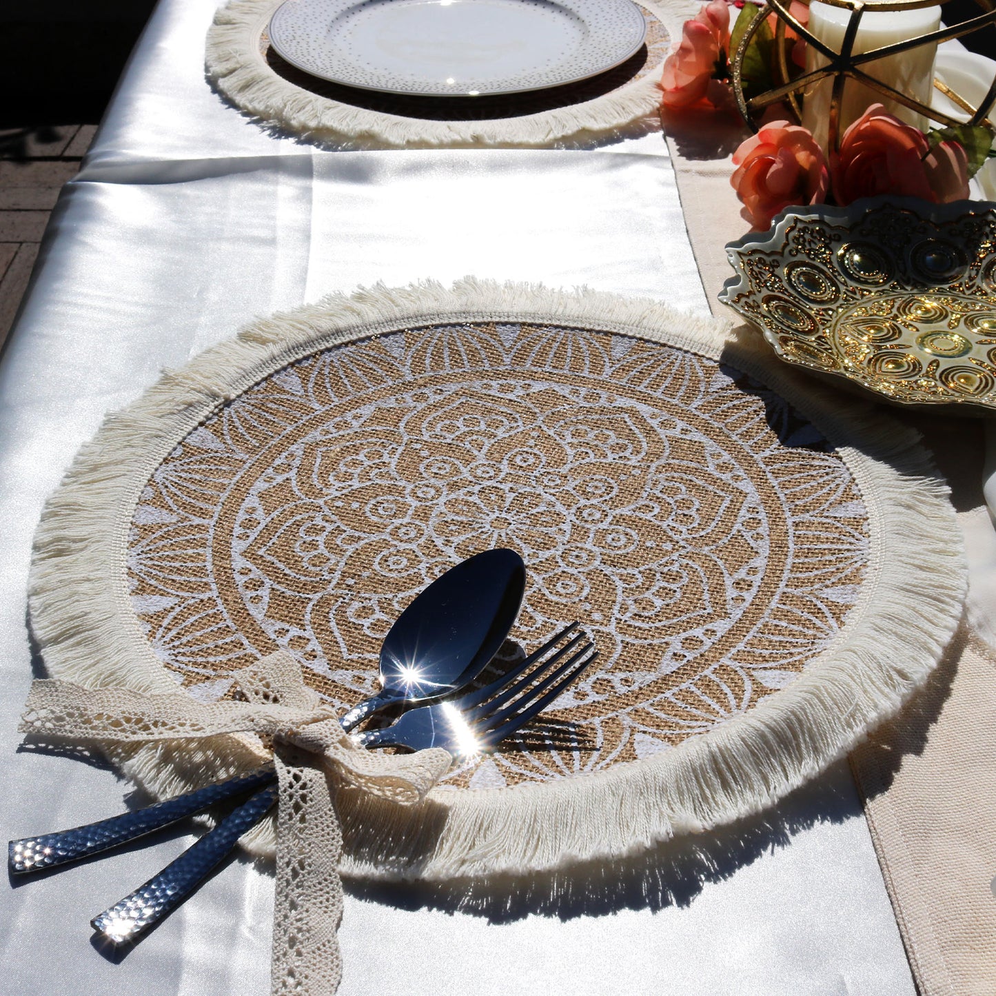 Nordic Elegant Linen Macrame Placemats – Circular with Tassels-Set of Two