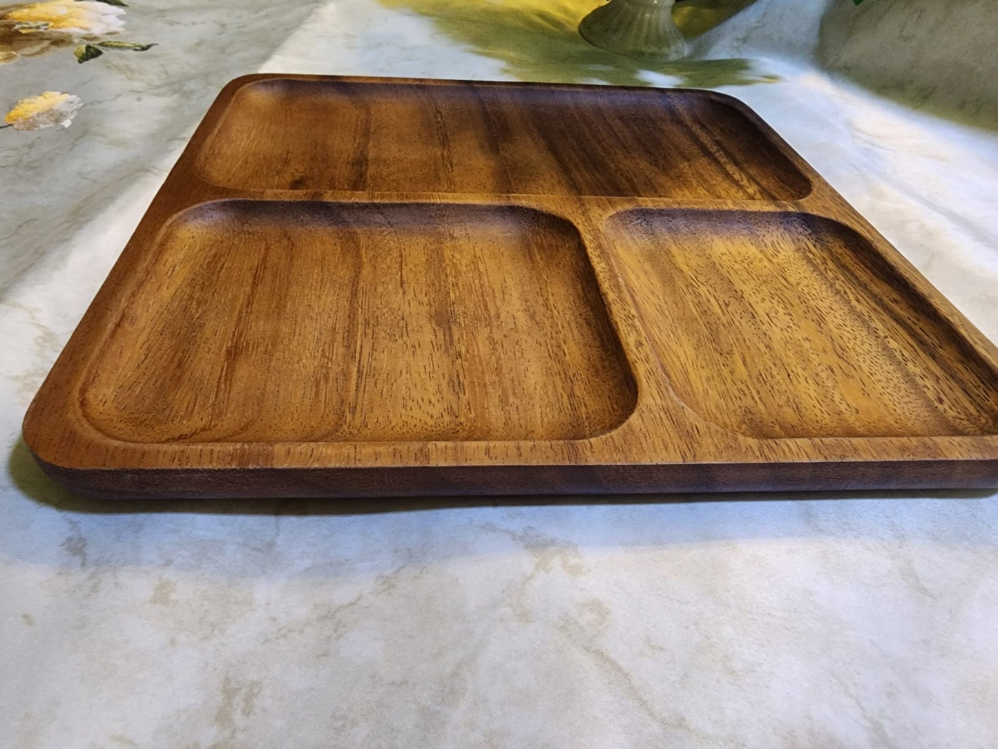 Square Walnut Wood 3-Compartment snacks serving Tray