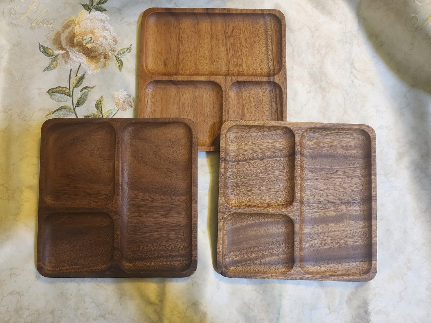 Square Walnut Wood 3-Compartment snacks serving Tray
