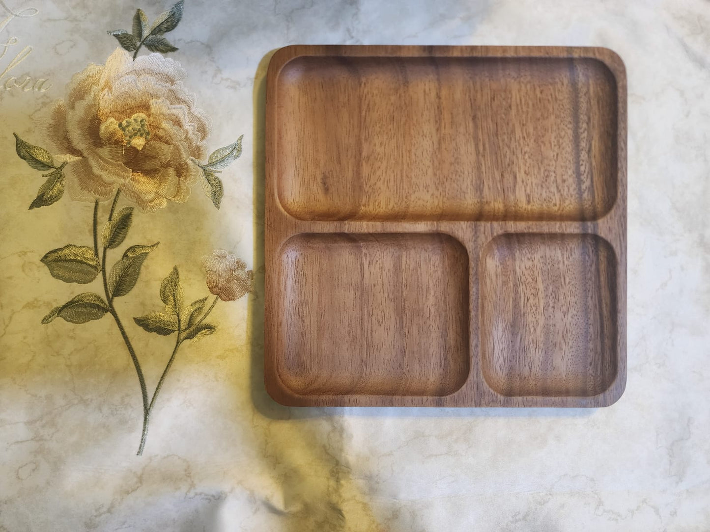 Square Walnut Wood 3-Compartment snacks serving Tray