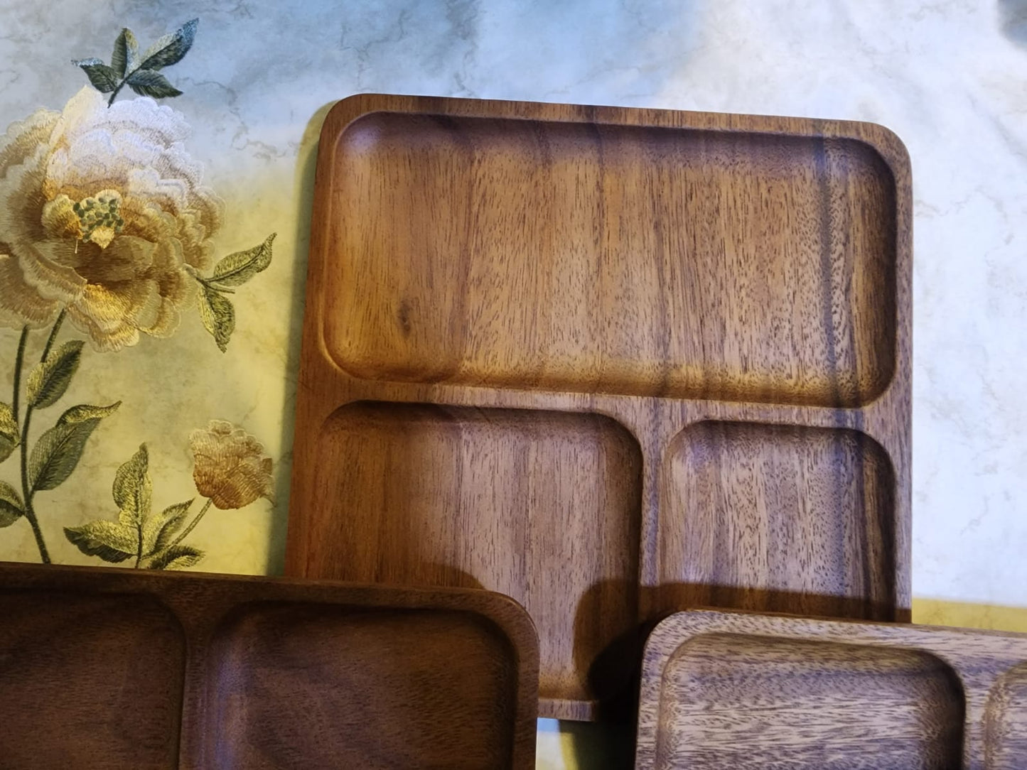 Square Walnut Wood 3-Compartment snacks serving Tray