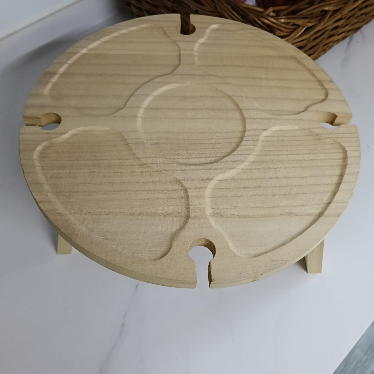 Wooden Folding Picnic Table – Round 2-in-1 Desk & Wine Glass Rack