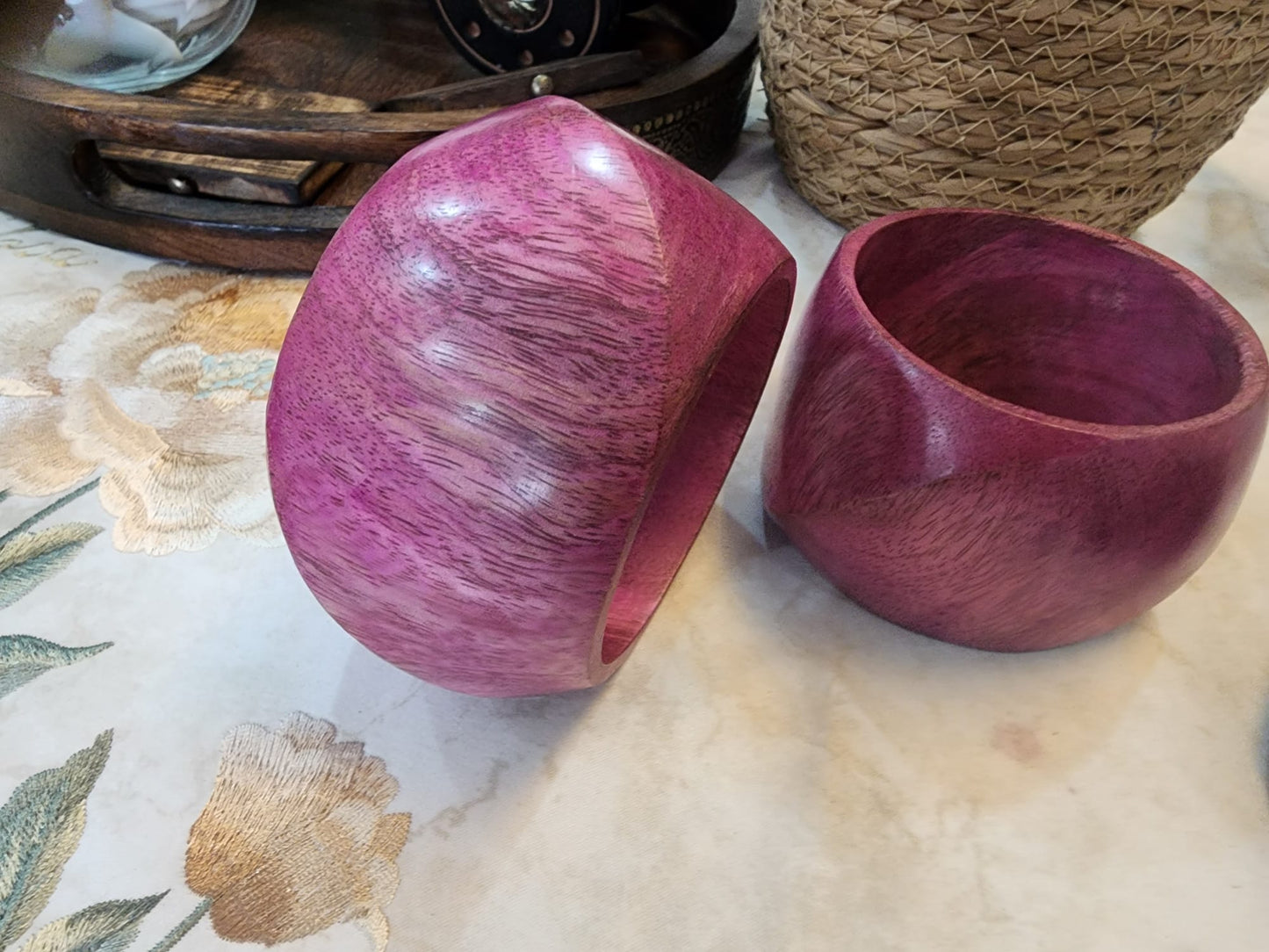 Mango Wood Big Cuff Bangle Set – Walnut & Pink color