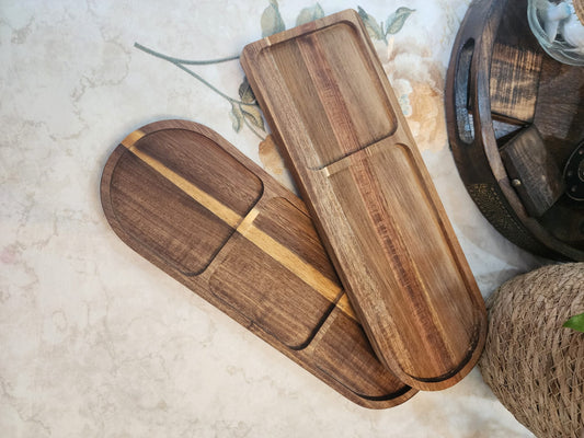 High Quality Acacia Wooded Oval Divided Snack Fruit Serving Tray