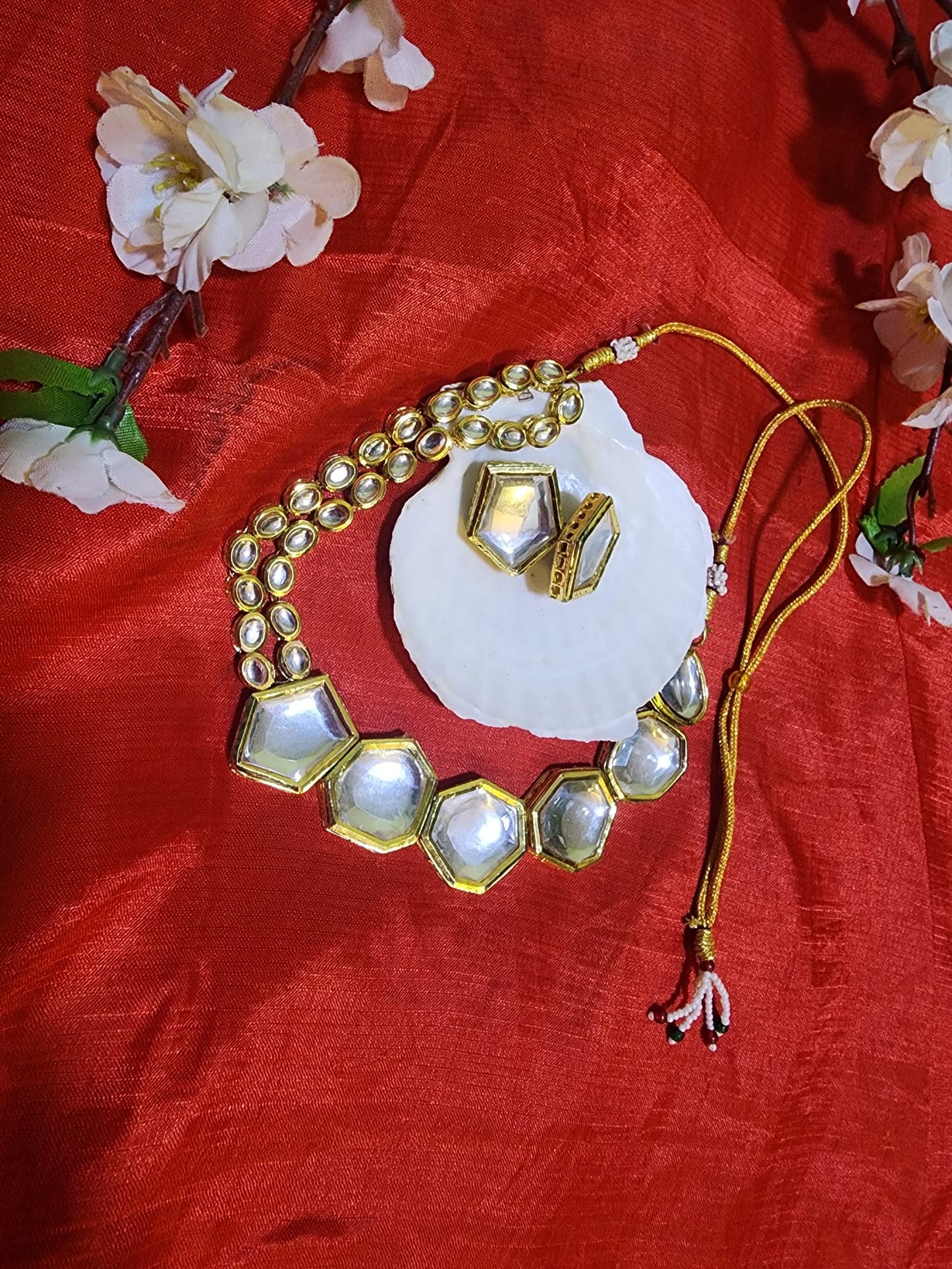 Handcrafted Mirror Kundan Necklace & Earrings Set – Elegant Traditional Jewelry