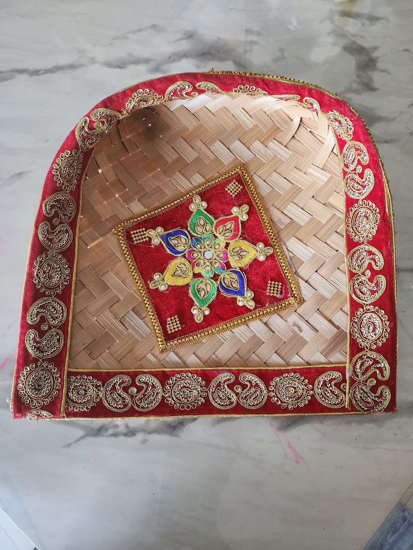 Handmade Decorative Bamboo Tray with Mandala Design Embellishments