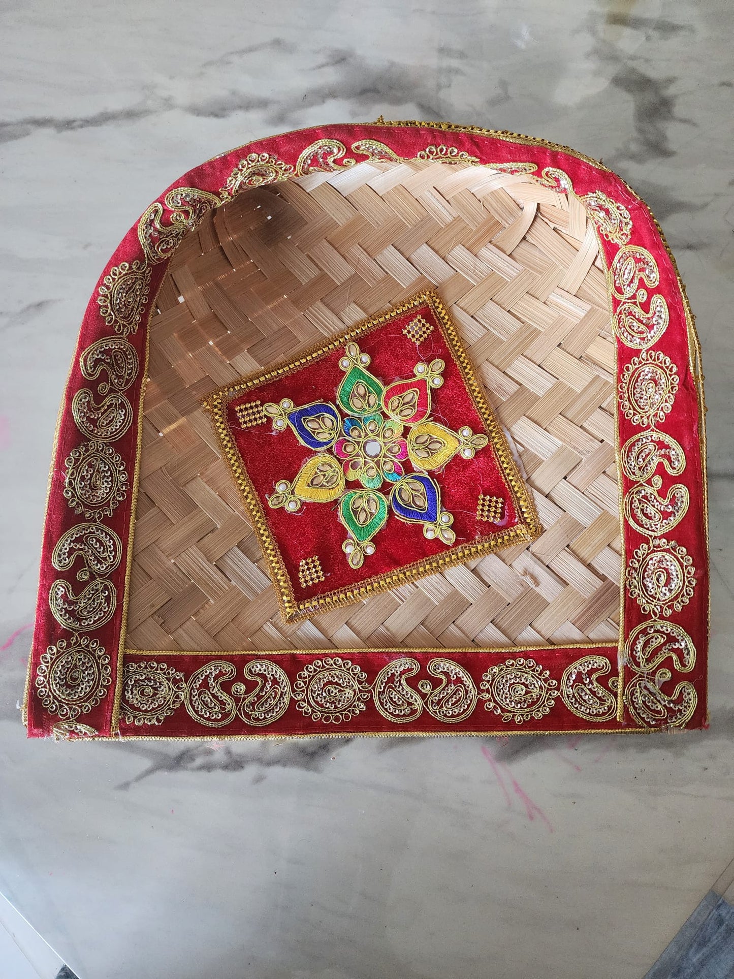 Handmade Decorative Bamboo Tray with Mandala Design Embellishments