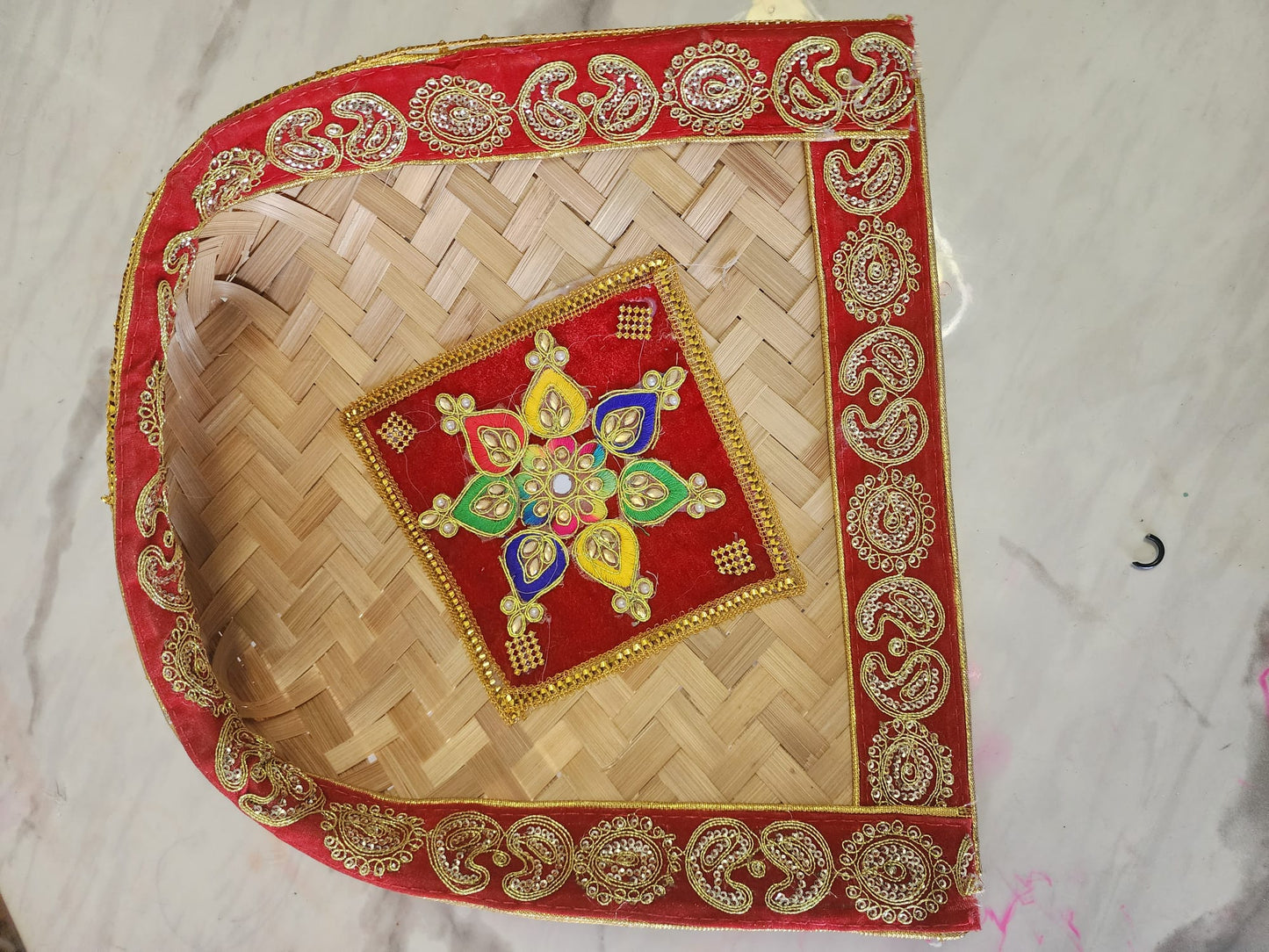 Handmade Decorative Bamboo Tray with Mandala Design Embellishments