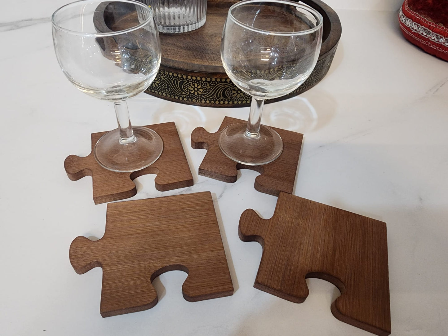 4pcs Wooden Coaster-Retro Building Block Style – Walnut Color