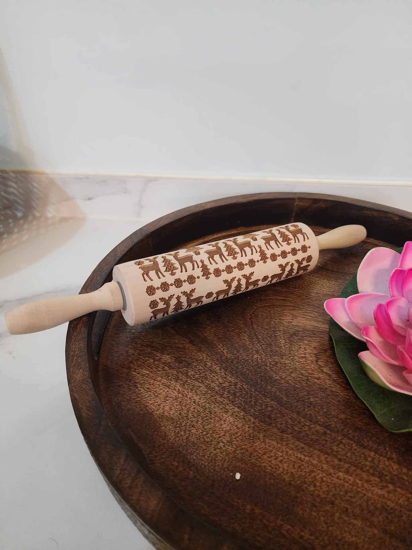 Wooden Embossed Rolling Pins – 3 Designs (Reindeer, Floral, Geometric)