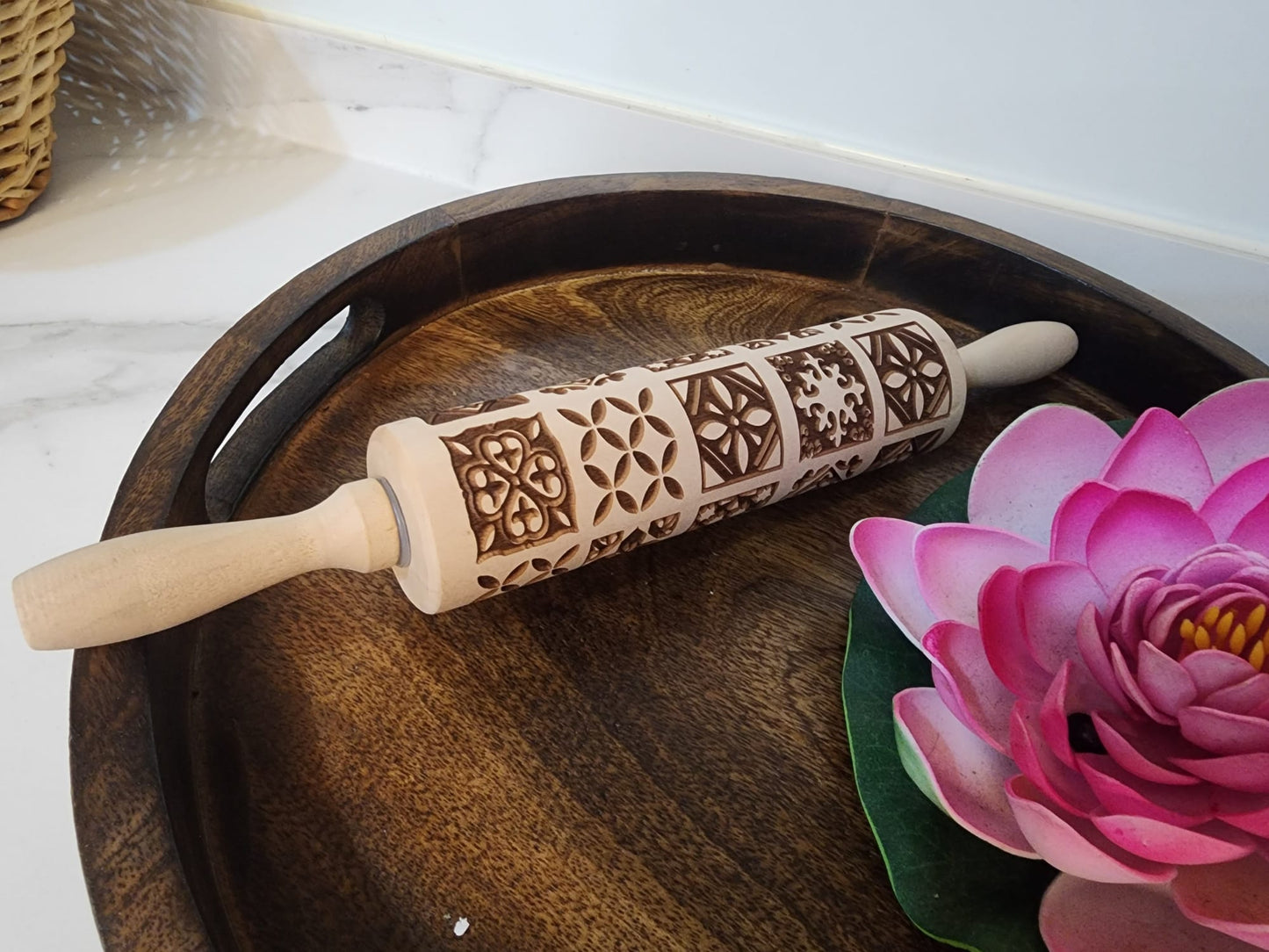 Wooden Embossed Rolling Pins – 3 Designs (Reindeer, Floral, Geometric)