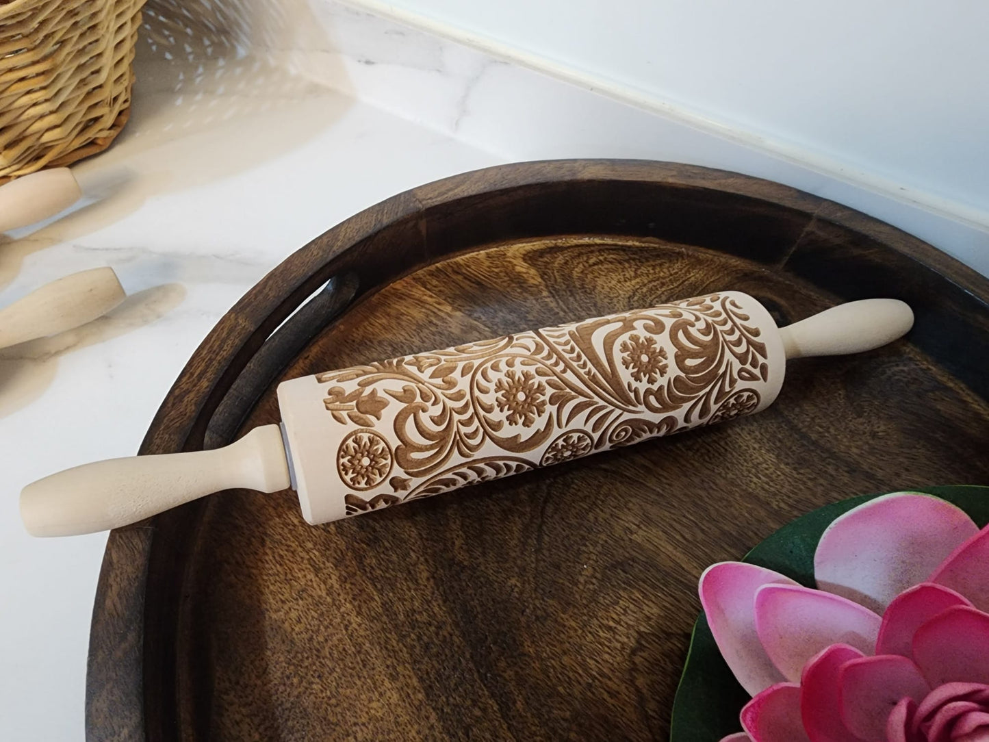 Wooden Embossed Rolling Pins – 3 Designs (Reindeer, Floral, Geometric)