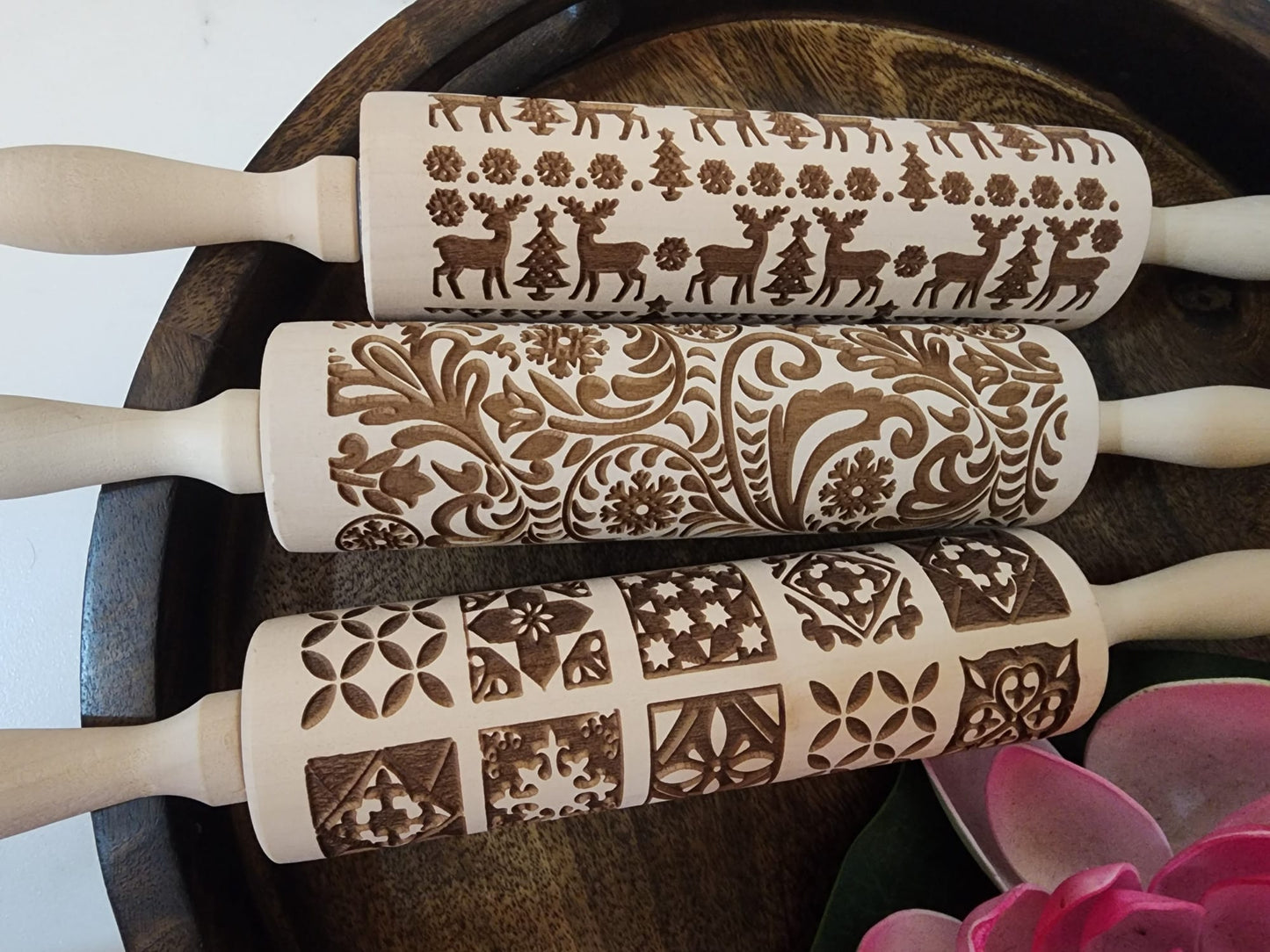 Wooden Embossed Rolling Pins – 3 Designs (Reindeer, Floral, Geometric)