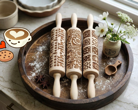 Wooden Embossed Rolling Pins – 3 Designs (Reindeer, Floral, Geometric)