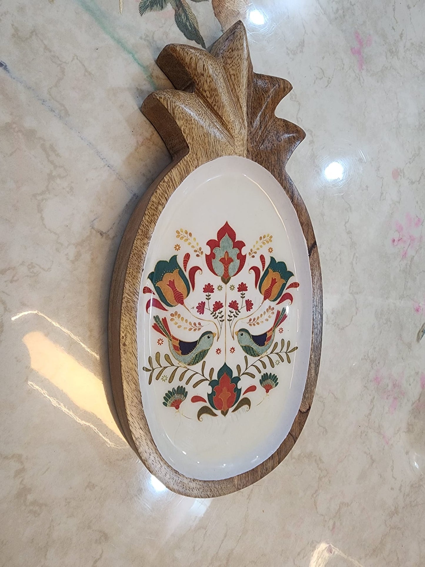 Handcrafted Pineapple Mango Wood Platter with Songbird Motif