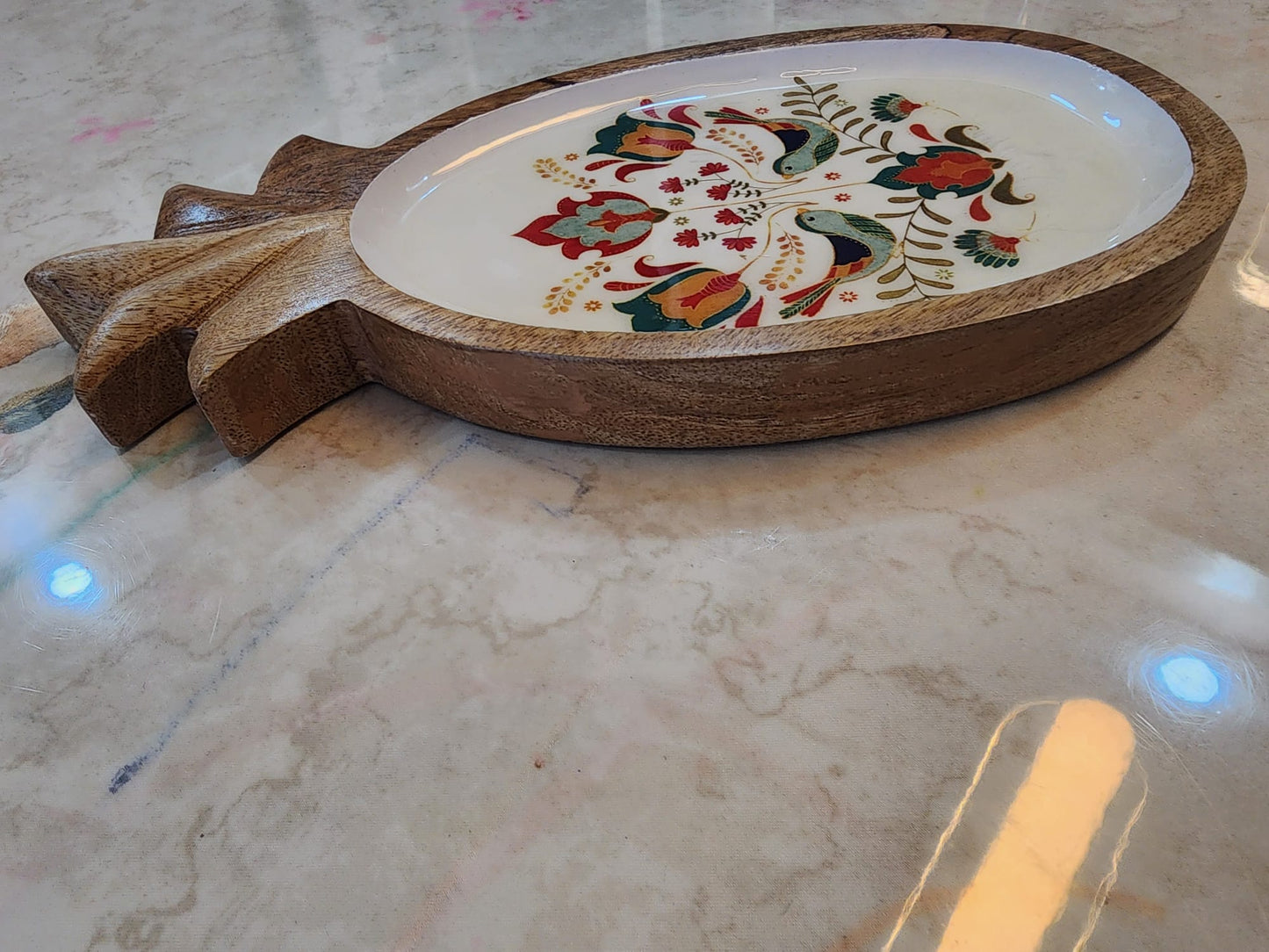 Handcrafted Pineapple Mango Wood Platter with Songbird Motif
