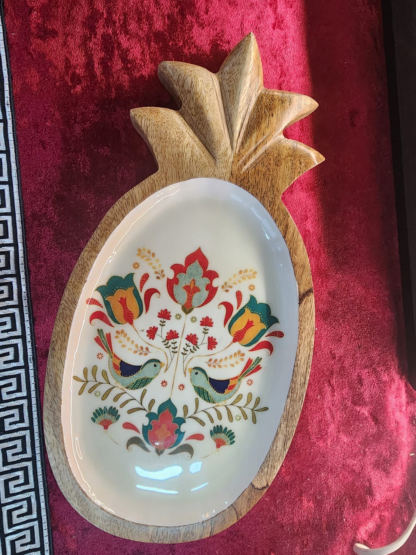 Handcrafted Pineapple Mango Wood Platter with Songbird Motif