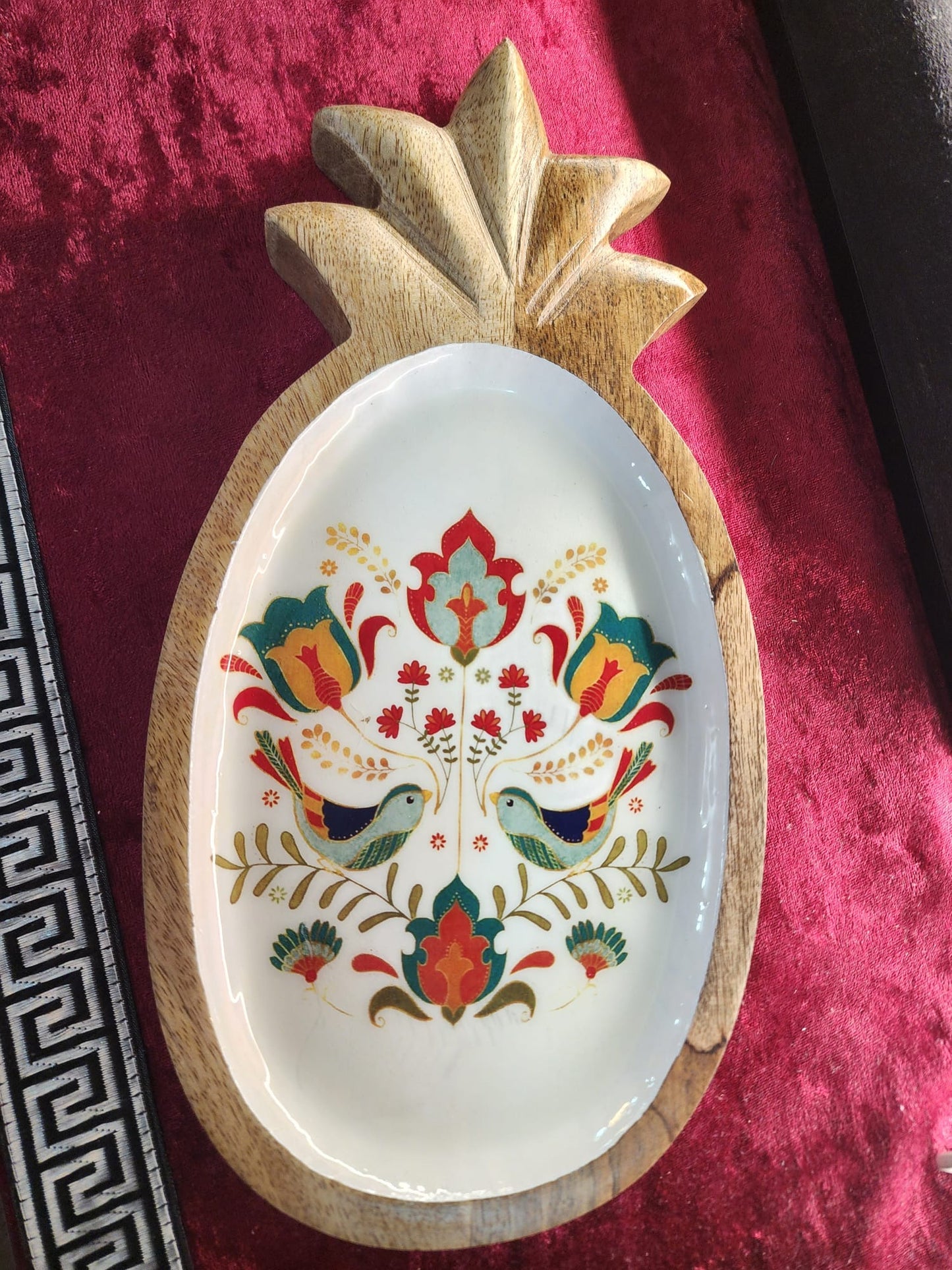Handcrafted Pineapple Mango Wood Platter with Songbird Motif