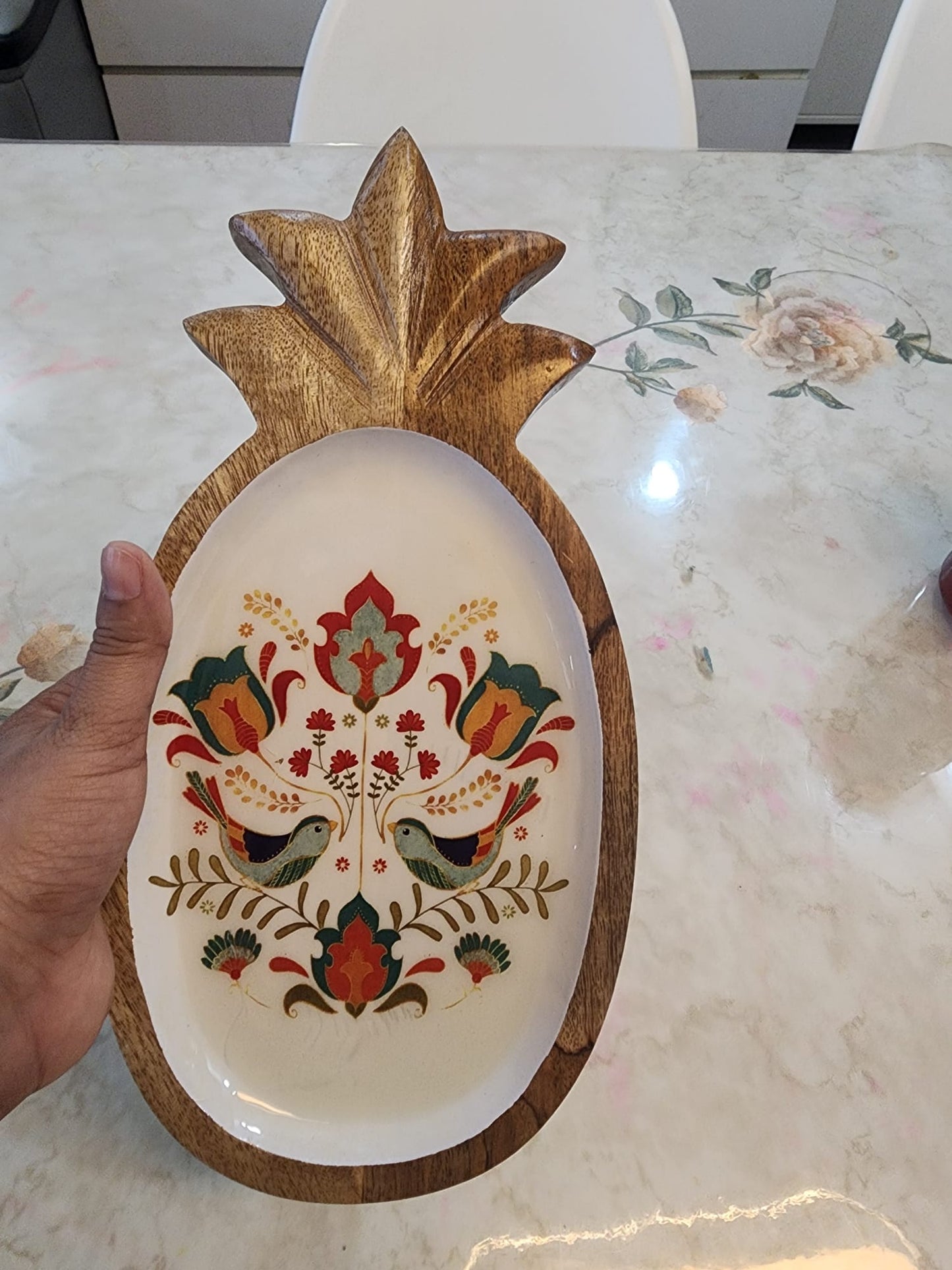 Handcrafted Pineapple Mango Wood Platter with Songbird Motif