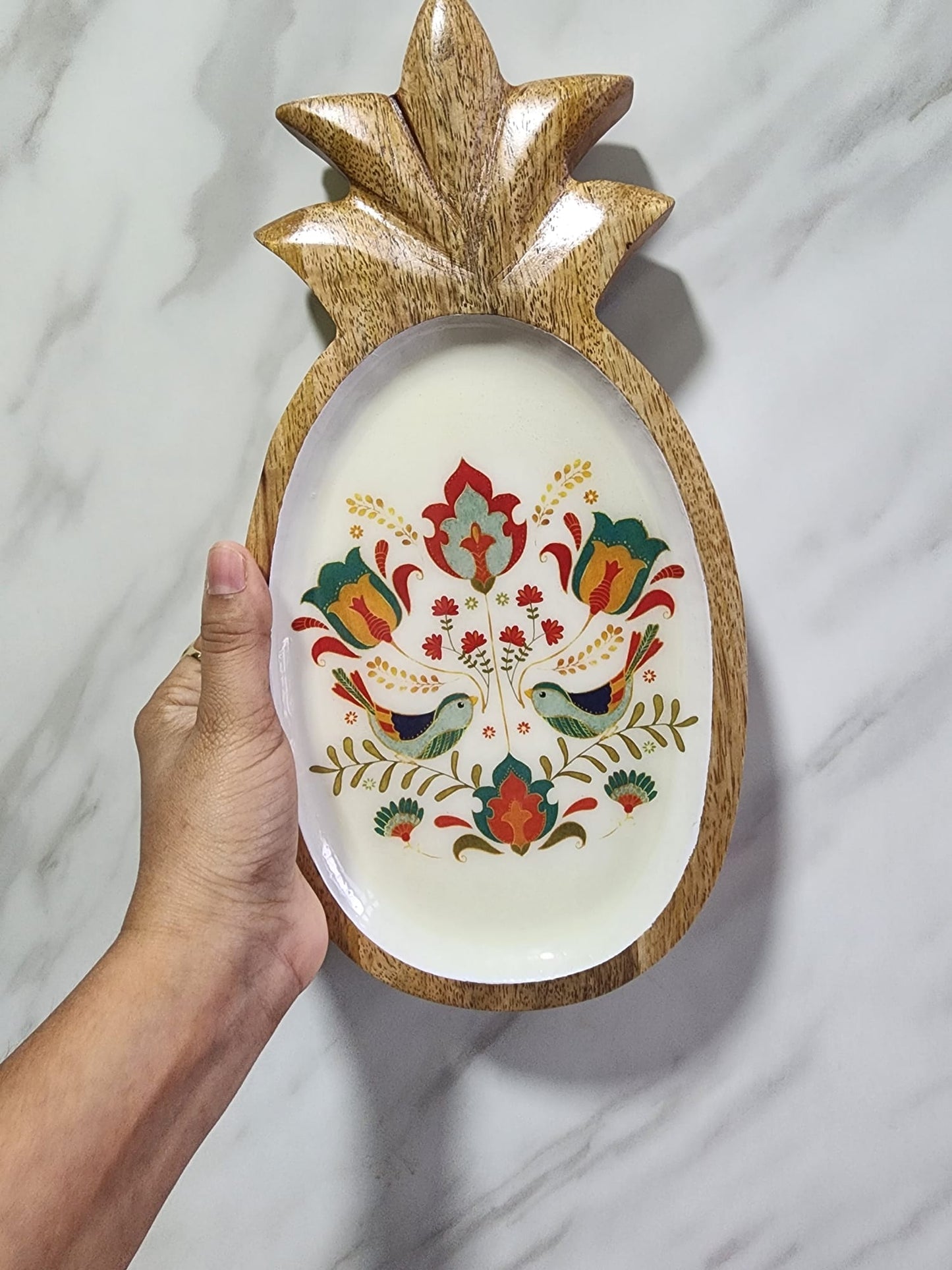 Handcrafted Pineapple Mango Wood Platter with Songbird Motif