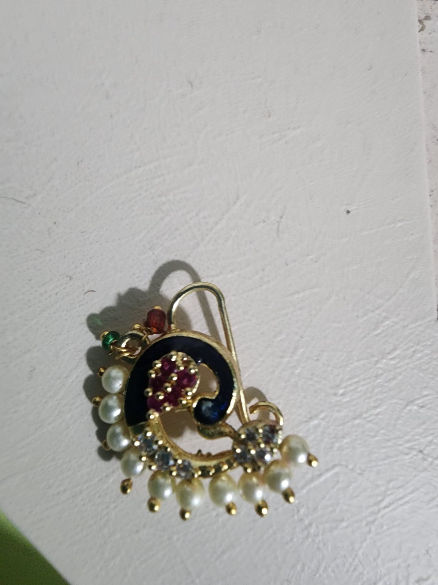 FEAWS Peacock Nath Nose Ring with Pearls - Elegant Jewelry for Special Occasions