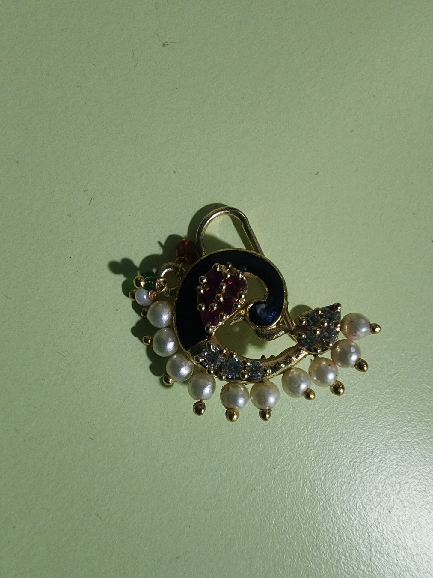 FEAWS Peacock Nath Nose Ring with Pearls - Elegant Jewelry for Special Occasions