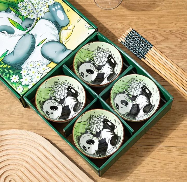 Cute Panda Ceramic Bowl & Chopsticks Gift Set – 4 Bowls