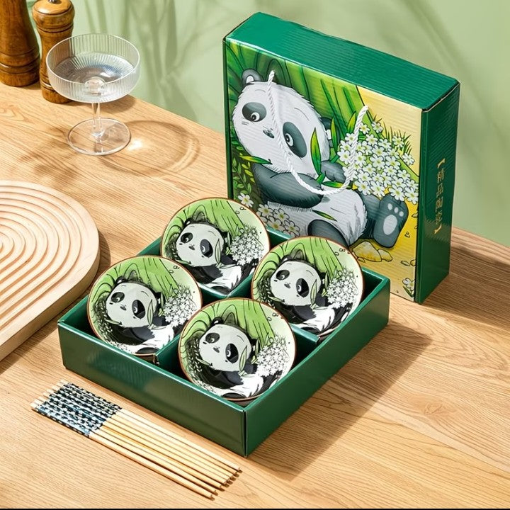 Cute Panda Ceramic Bowl & Chopsticks Gift Set – 4 Bowls