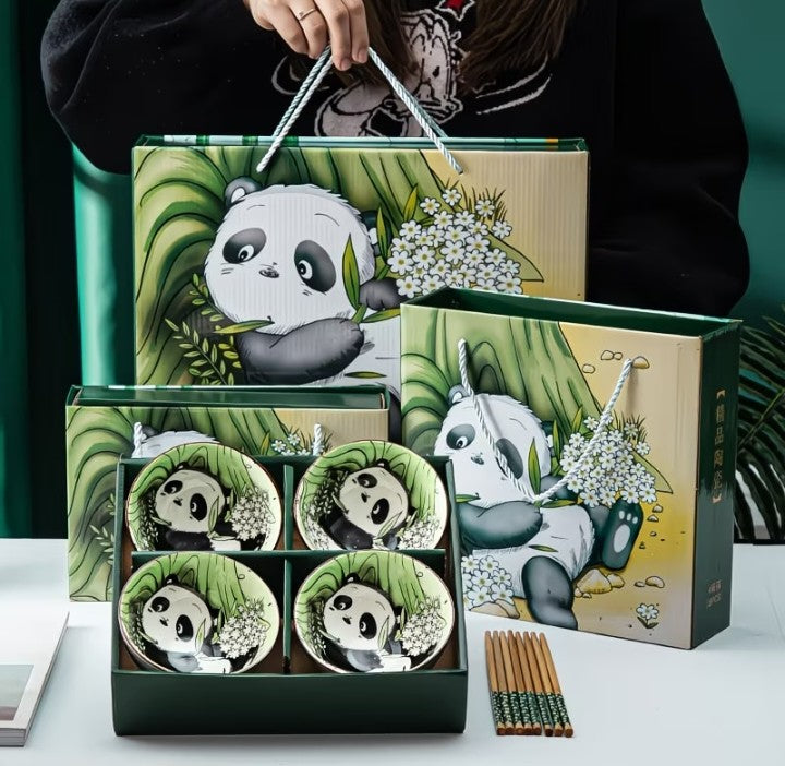 Cute Panda Ceramic Bowl & Chopsticks Gift Set – 4 Bowls