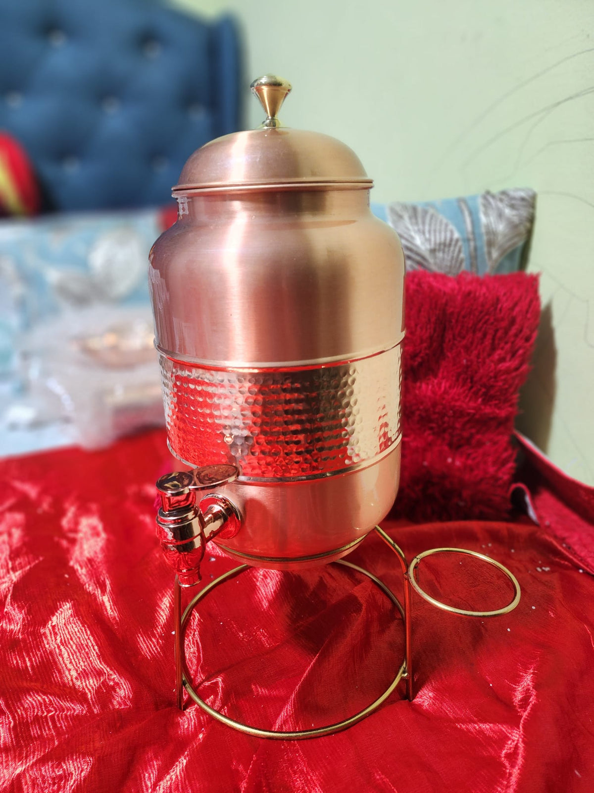 Pure Copper Hand Hammered Water Pitcher/dispensor with tap, & golden stand – 5 Litre