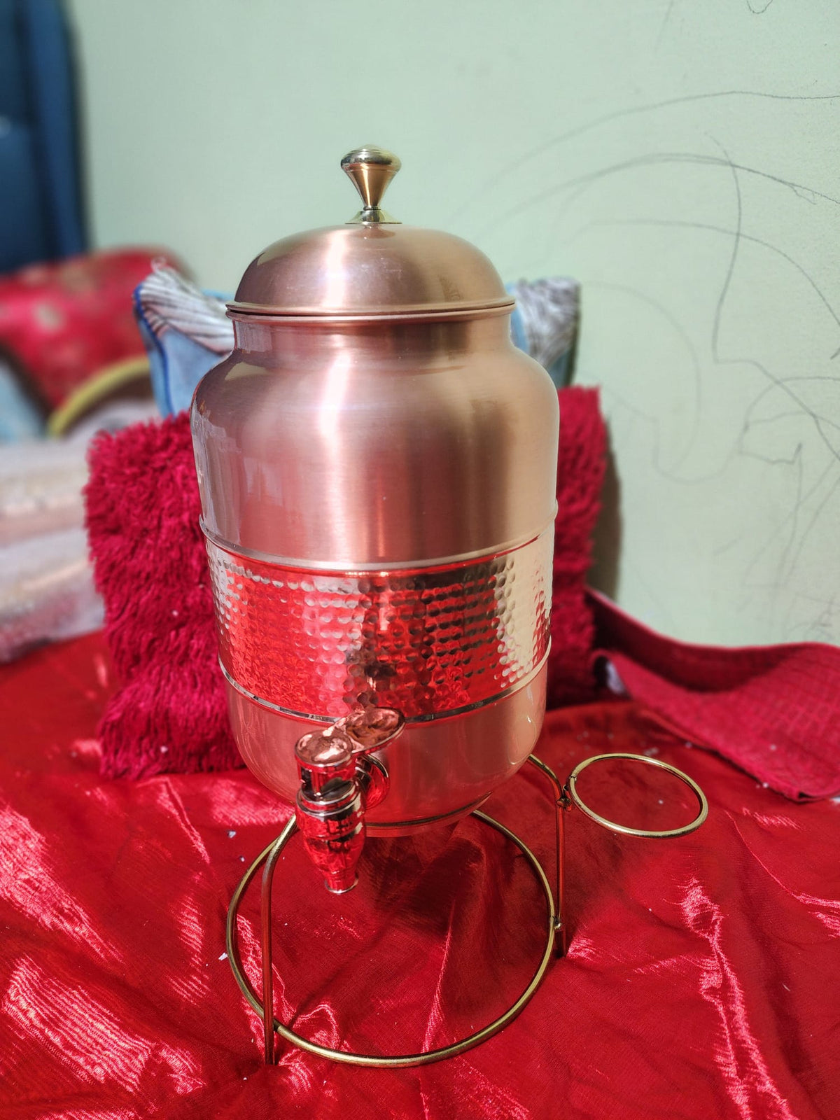 Pure Copper Hand Hammered Water Pitcher/dispensor with tap, & golden stand – 5 Litre