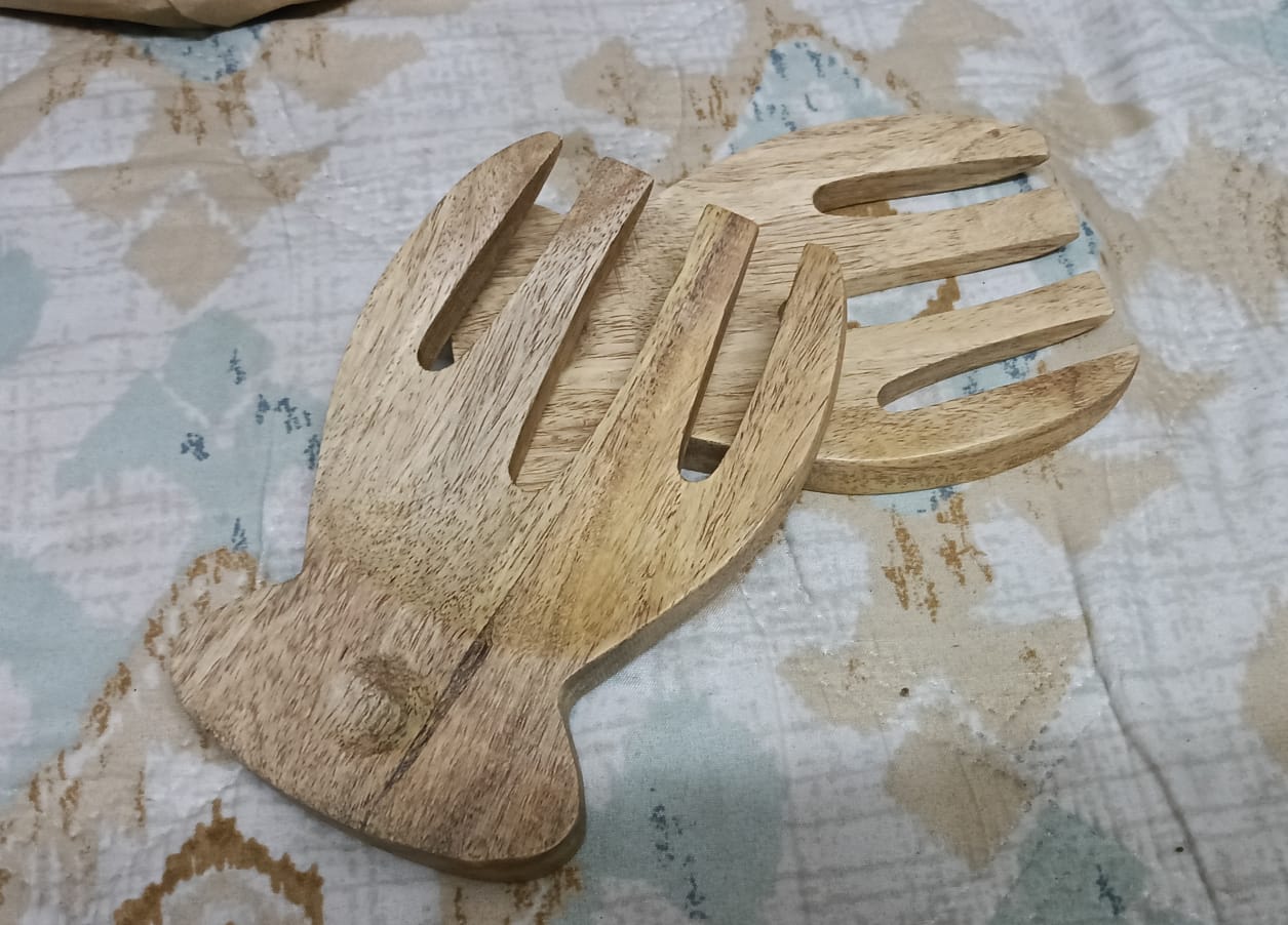 Meraki Wooden Salad Serving Utensils (Pair) - Hand Shape Salad Server Spoon