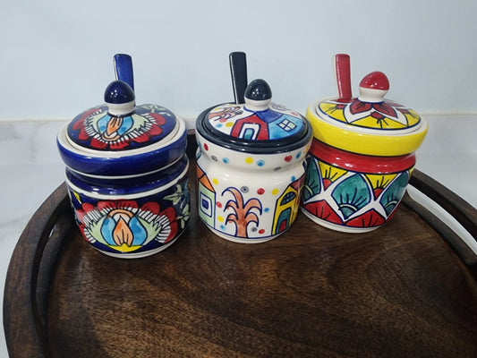 Hand-Painted Ceramic Condiment Jars With Lid & Matching Spoon